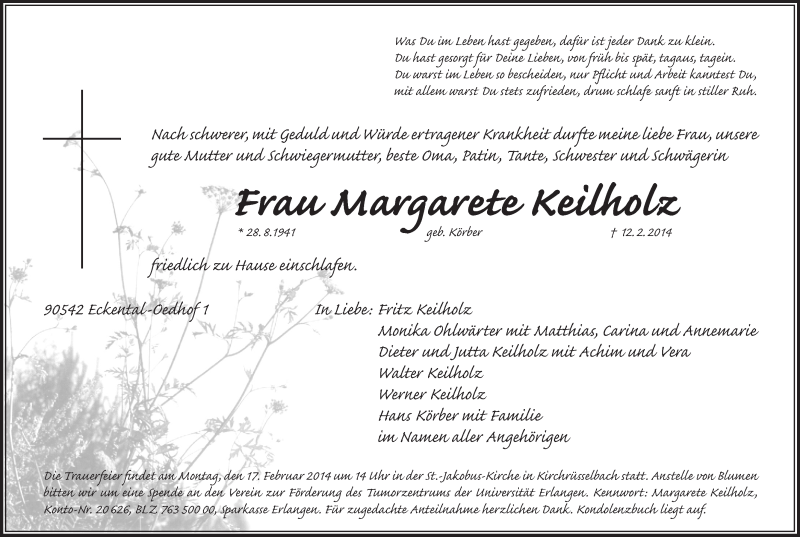  Traueranzeige für Margarete Keilholz vom 15.02.2014 aus Pegnitz-Zeitung